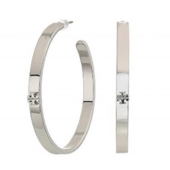 TORY BURCH • Silver Kira Logo Hoop Earrings - Picture 3 of 5